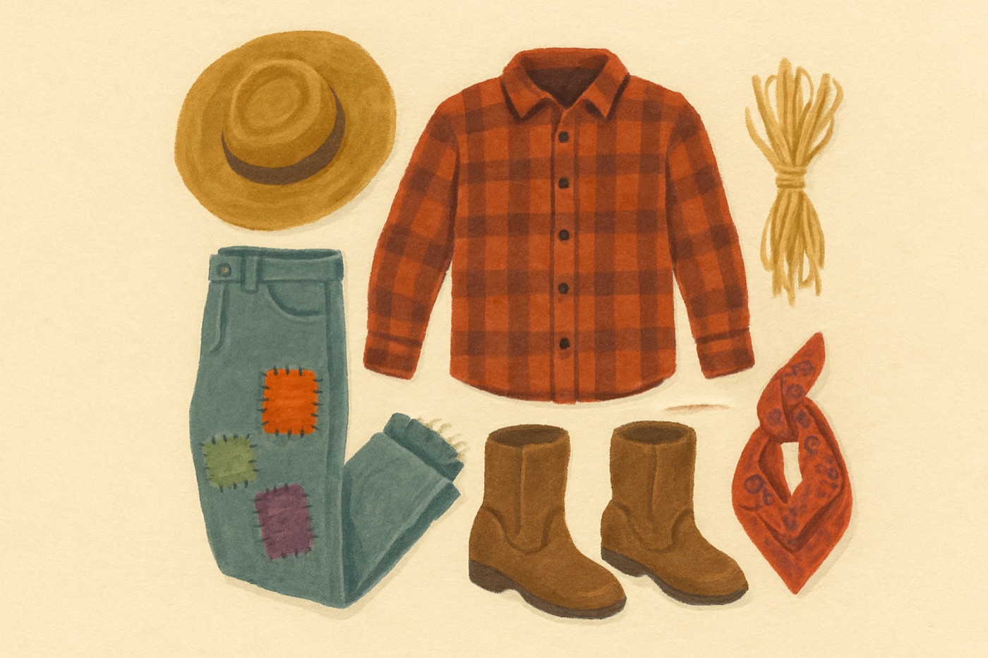 Illustration of the items needed for The Patchwork Scarecrow: A flannel or plaid shirt; jeans; boots; a bandana.