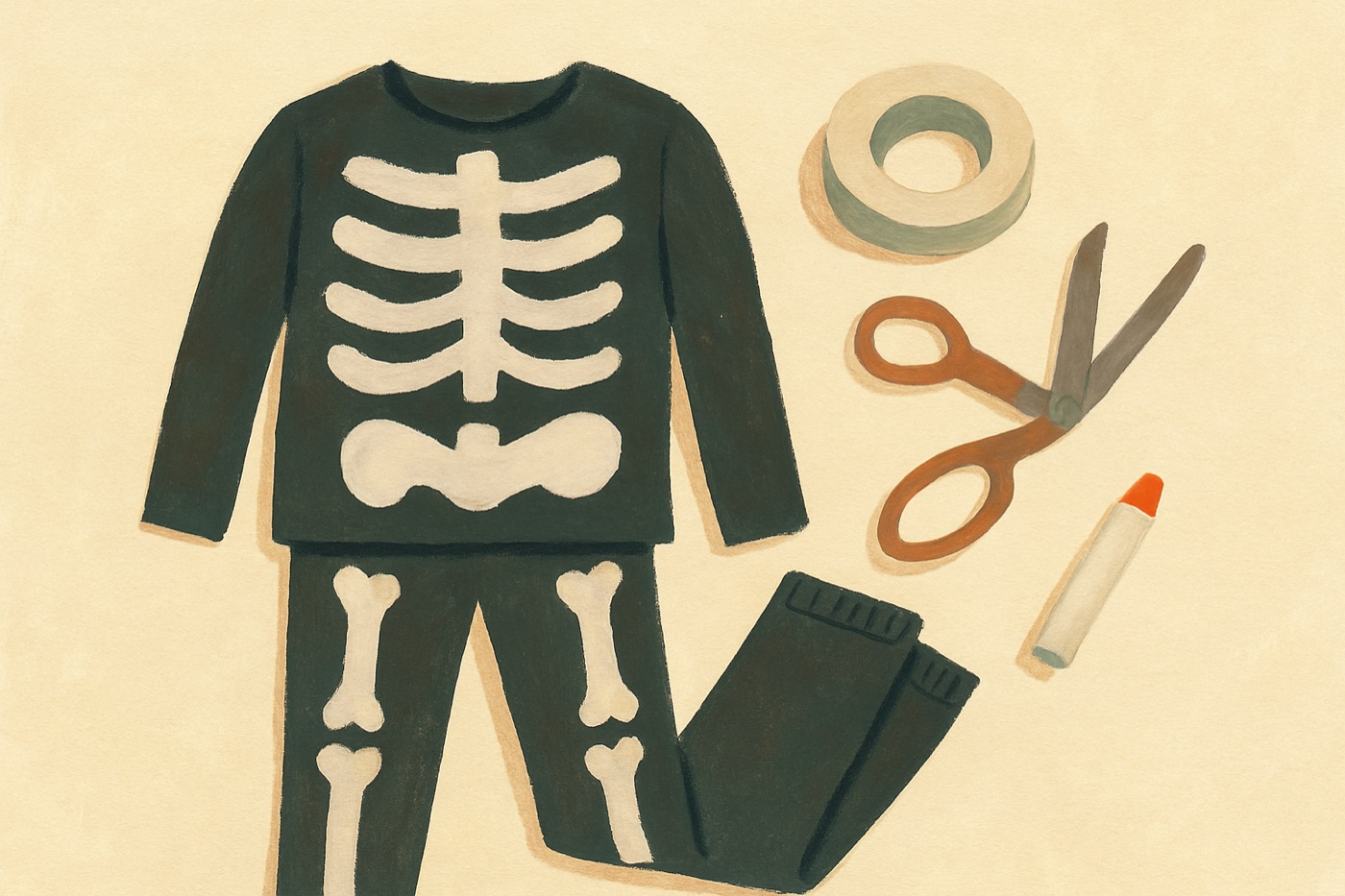 Illustration of the items needed for The Layered Skeleton: Black long-sleeve and black pants.