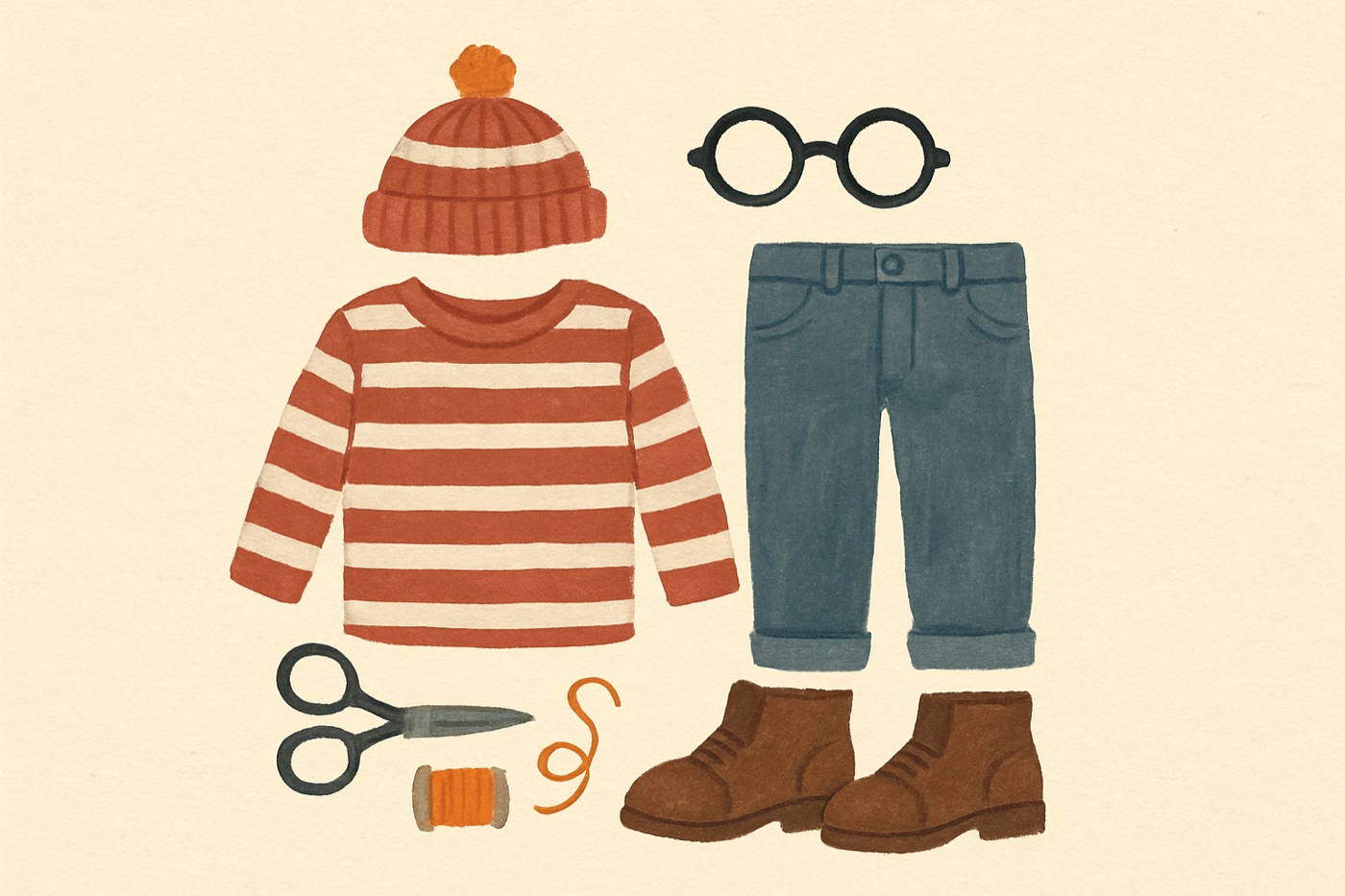 Illustration of the items needed for The Red-and-White Wanderer: A striped shirt; jeans; boots; round glasses if you have them.