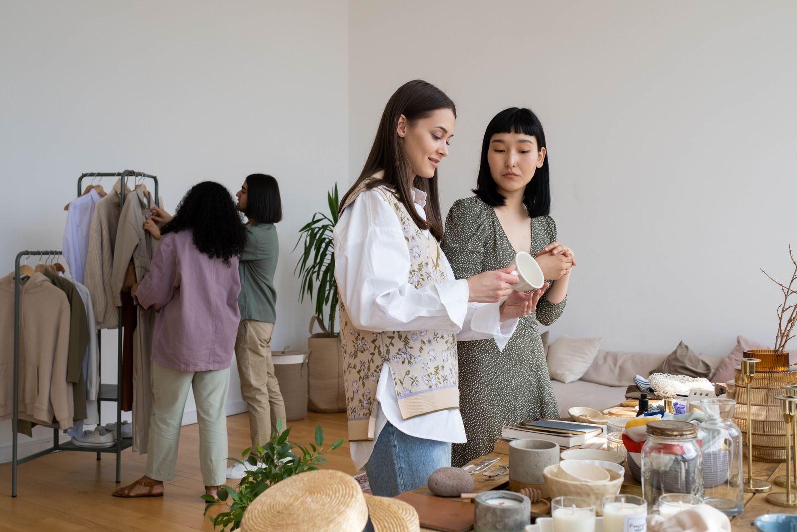 Friends browsing clothes and accessories at an indoor clothing swap.