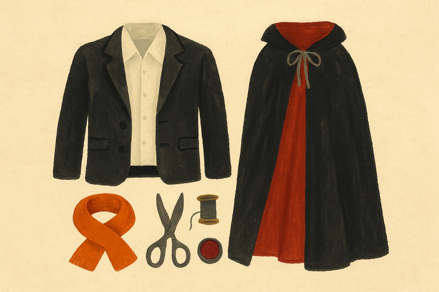 Illustration of the items needed for The Closet Vampire: A black blazer or jacket; a white collared shirt; dark pants.