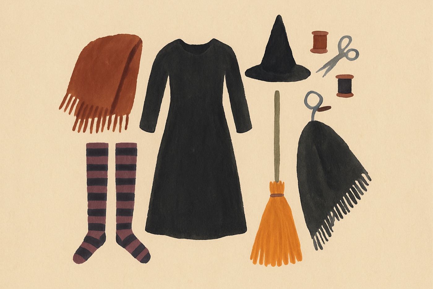 Illustration of the items needed for The Thrifted Witch: A long black dress or skirt and top; striped or dark tights; a shawl or scarf.