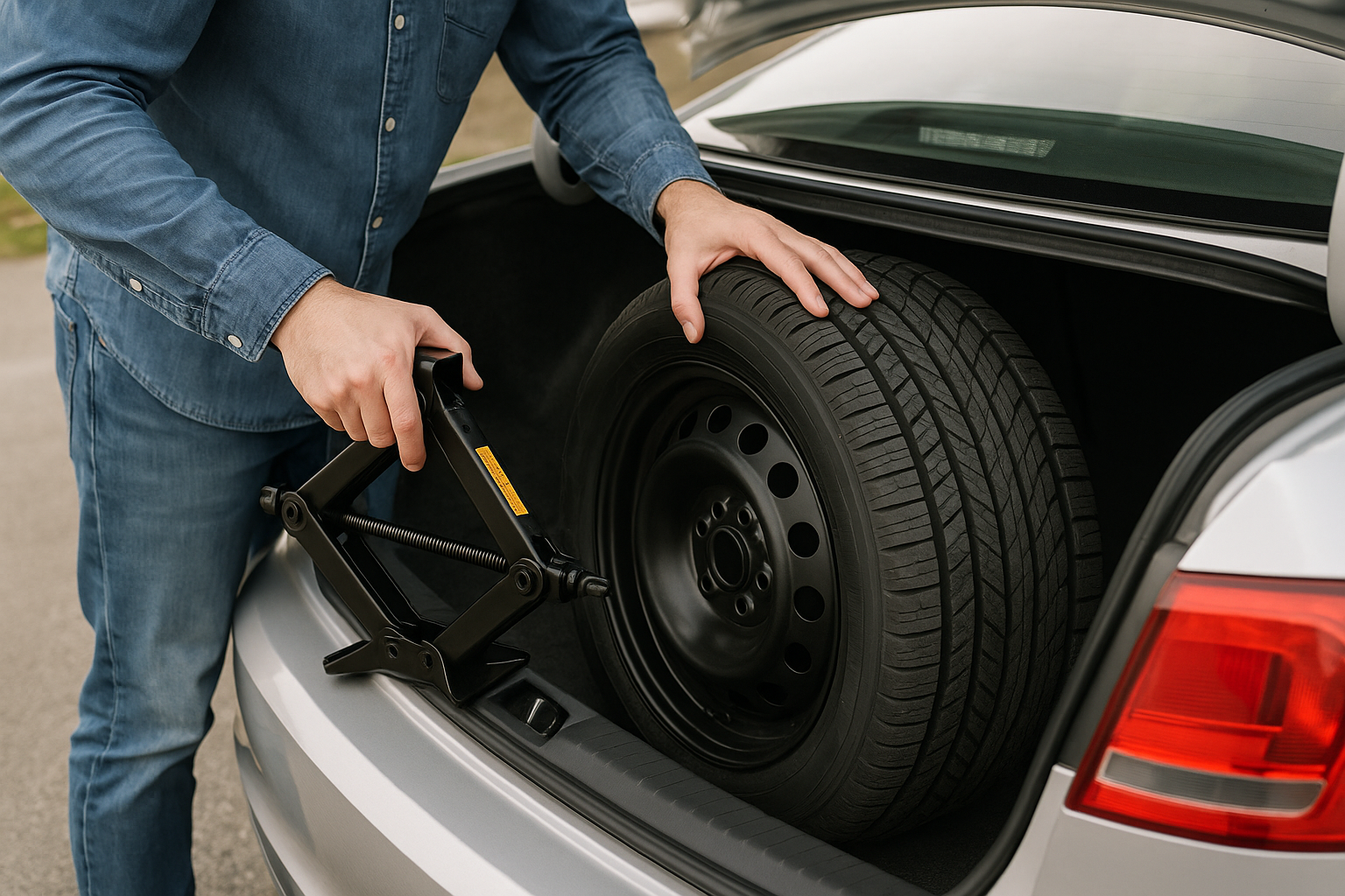Stowing the jack and flat tire back into the trunk after a tire change