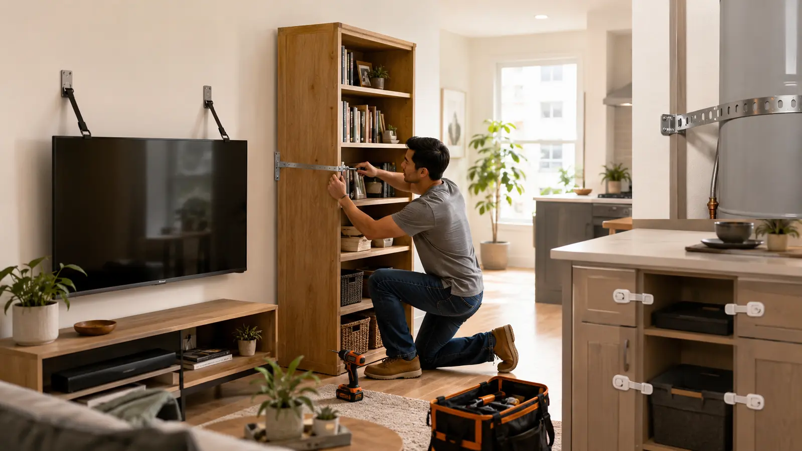 Someone kneeling to strap a tall bookcase to the wall, with a wall-mounted television on safety straps and latched lower cabinets nearby.