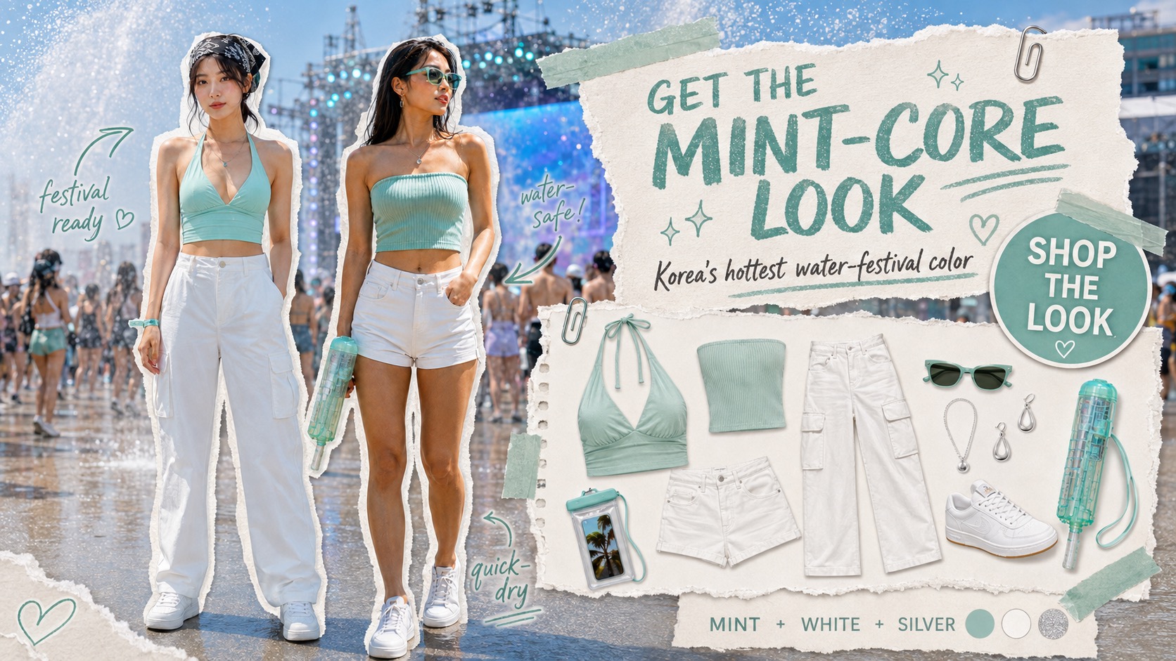 Get the Mint-Core Look — two WATERBOMB fits: mint halter top + white cargo, and mint tube top + white denim shorts, with silver jewelry, white sneakers and a water gun