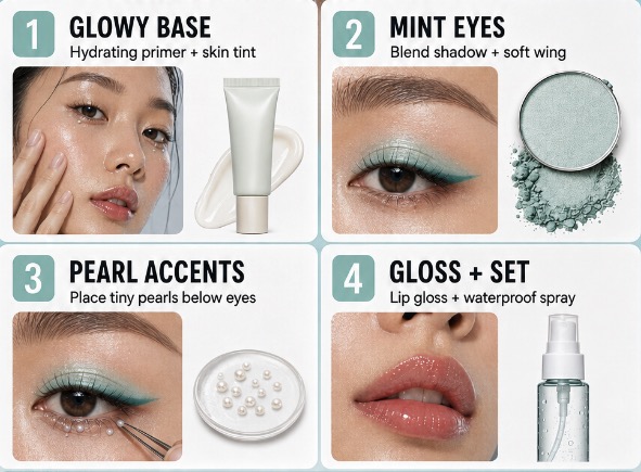 4-step mint water festival makeup: glowy base, mint eyes, pearl accents, gloss and set