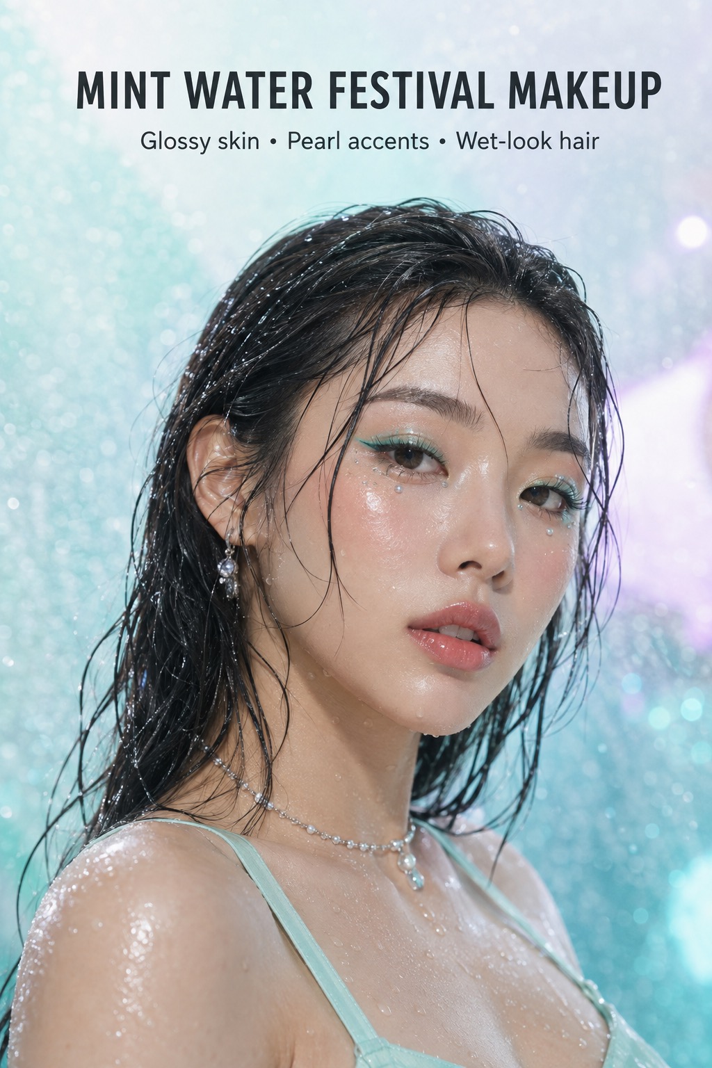 Mint water festival makeup — glossy skin, mint liner and pearl accents