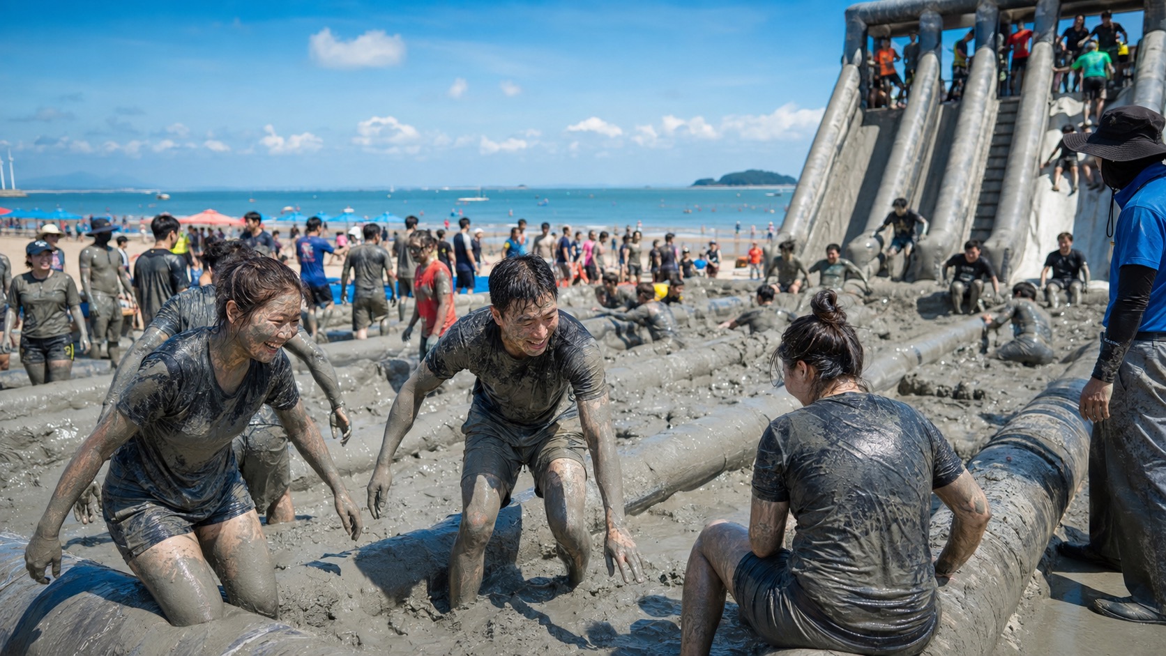 Boryeong Mud Festival — people covered in mud on Daecheon Beach