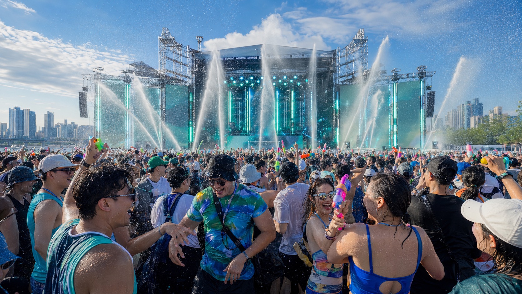 WATERBOMB water festival — crowd with water guns and stage water cannons