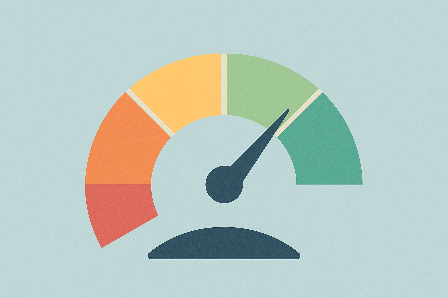 Illustration of a credit score gauge dial pointing toward the green, high-score range.