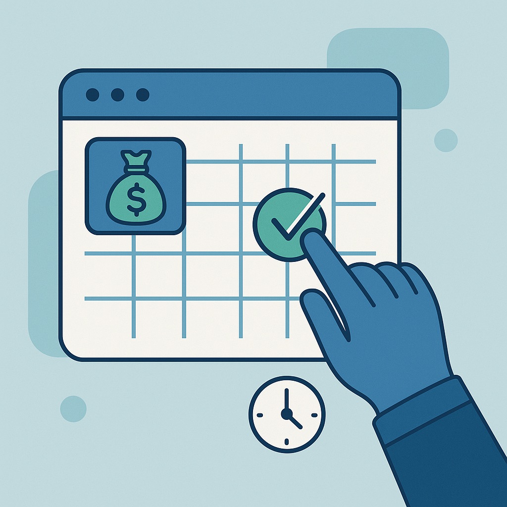Illustration of a hand checking off a calendar reminder for an on-time bill payment.