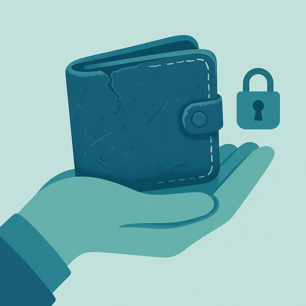 Illustration of an old wallet kept safe, symbolizing keeping older credit accounts open.