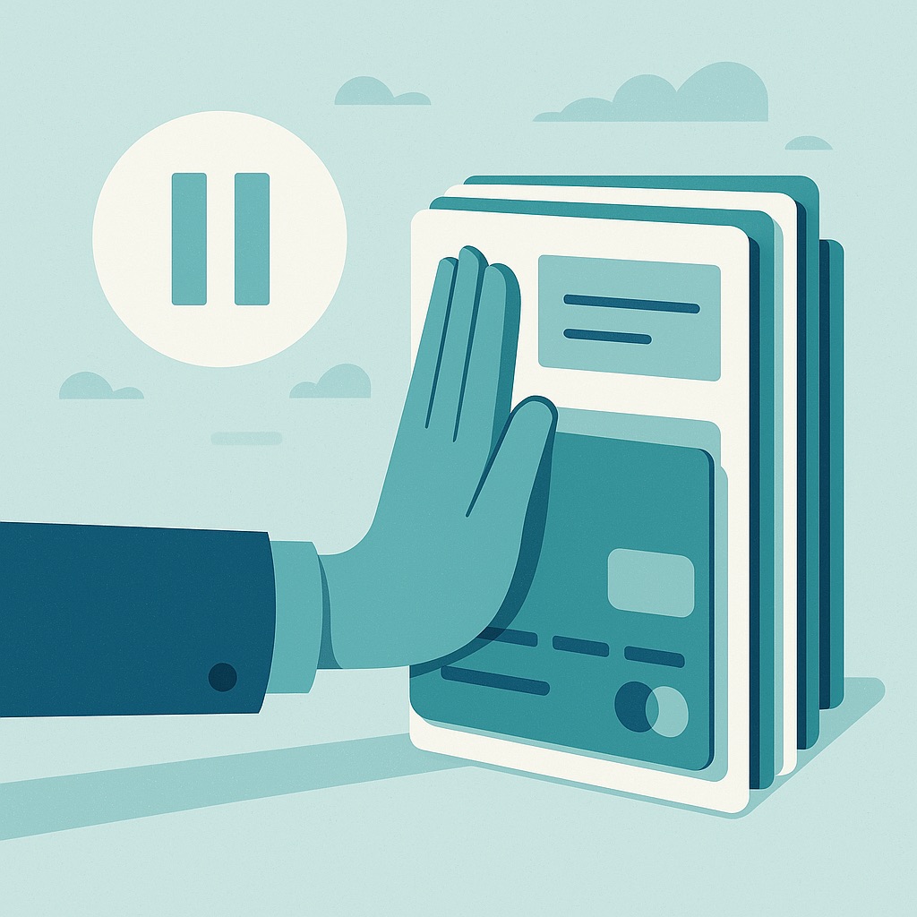 Illustration of a hand pausing a stack of credit card applications.