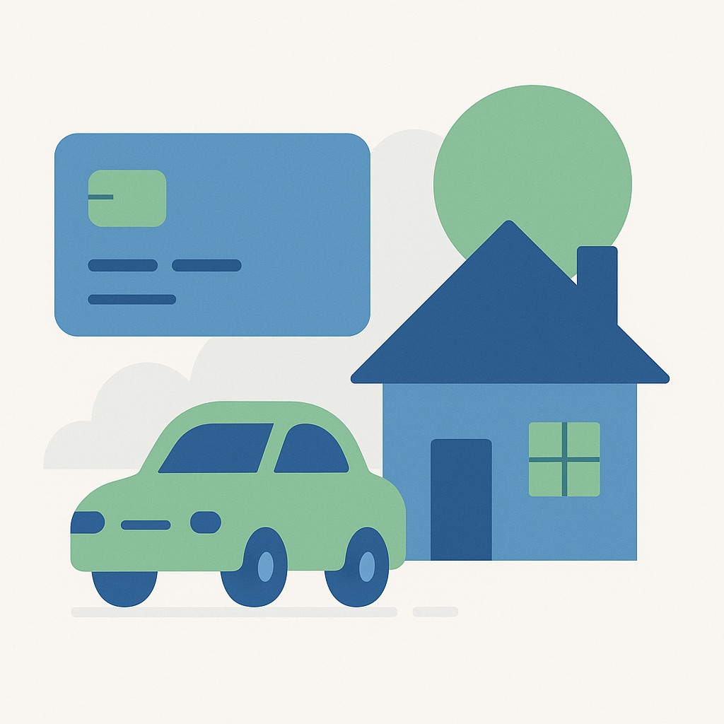 Illustration of different types of credit — a card, a car loan, a house — arranged in balance.