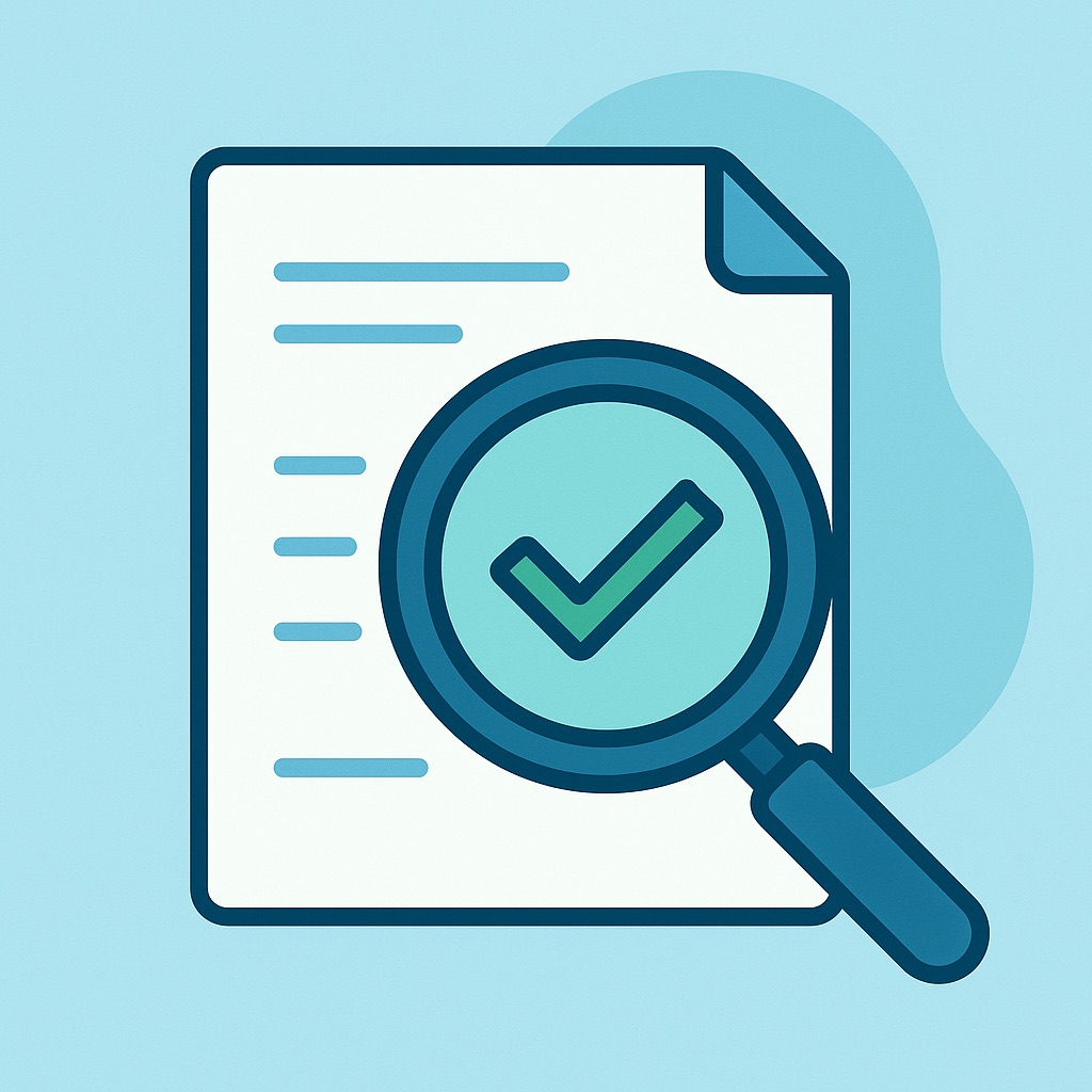 Illustration of a magnifying glass inspecting a document with a checkmark.