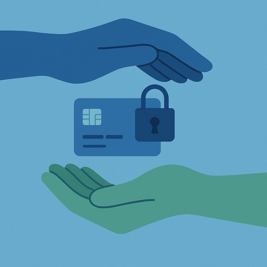 Illustration of two hands supporting a small secured credit card.