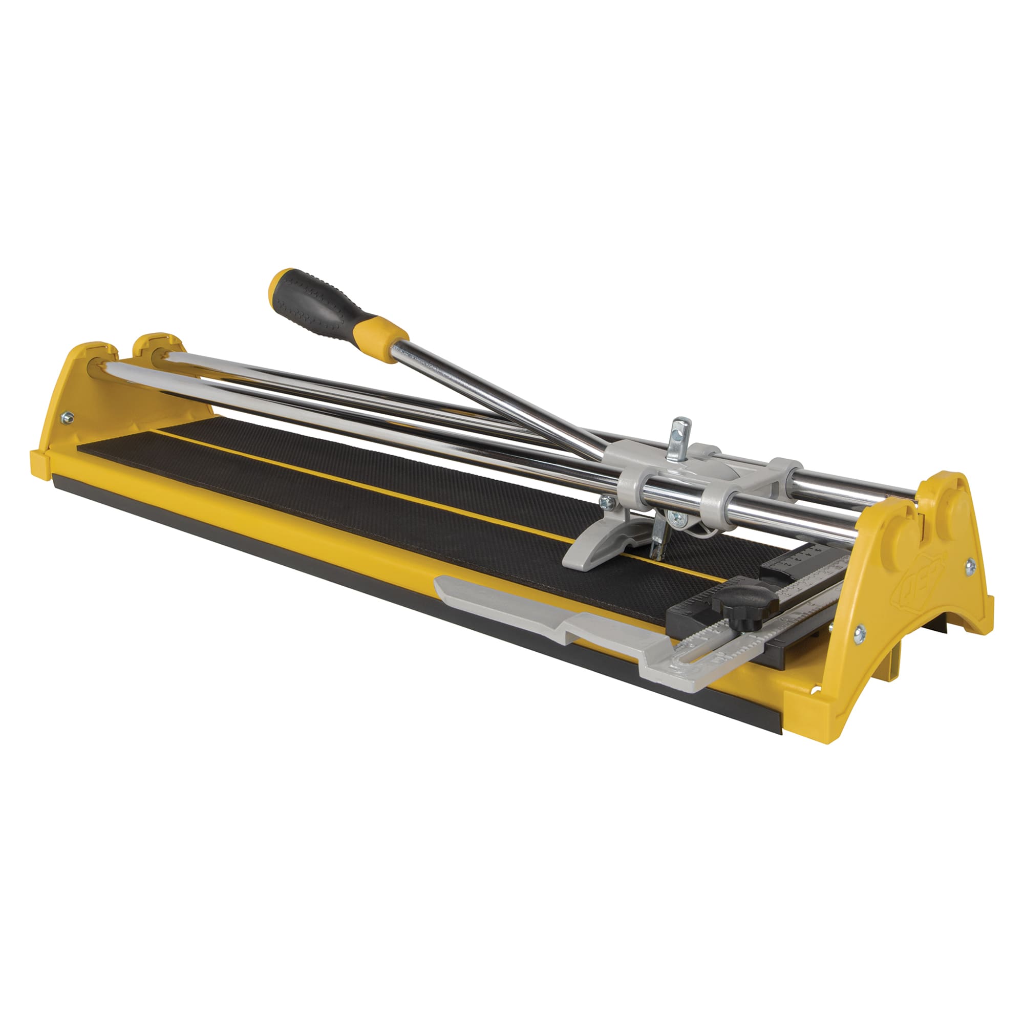 A manual tile cutter with a yellow frame and scoring handle, shown on a white background.