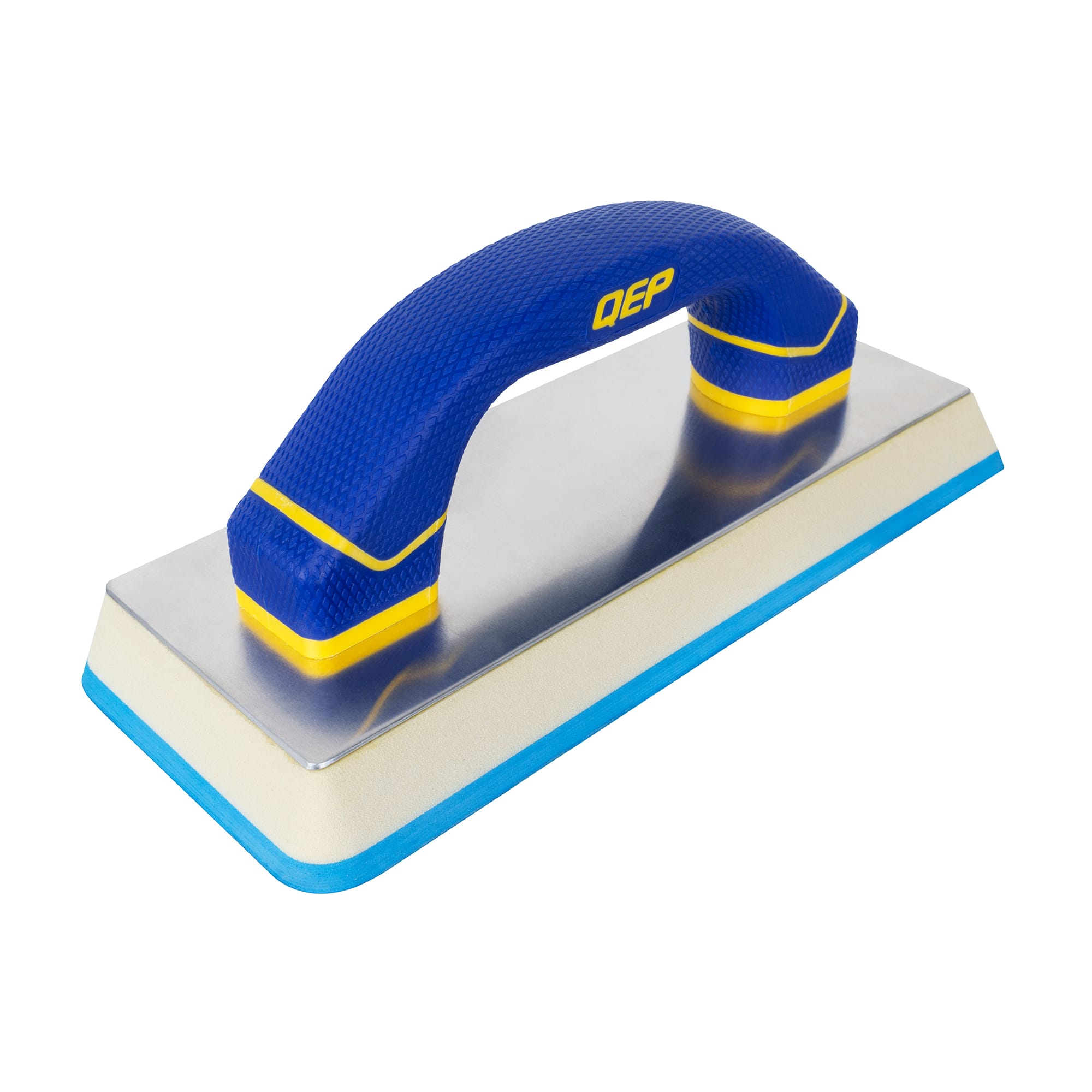 A grout float with a blue rubber handle and white rubber-edged pad, shown on a white background.