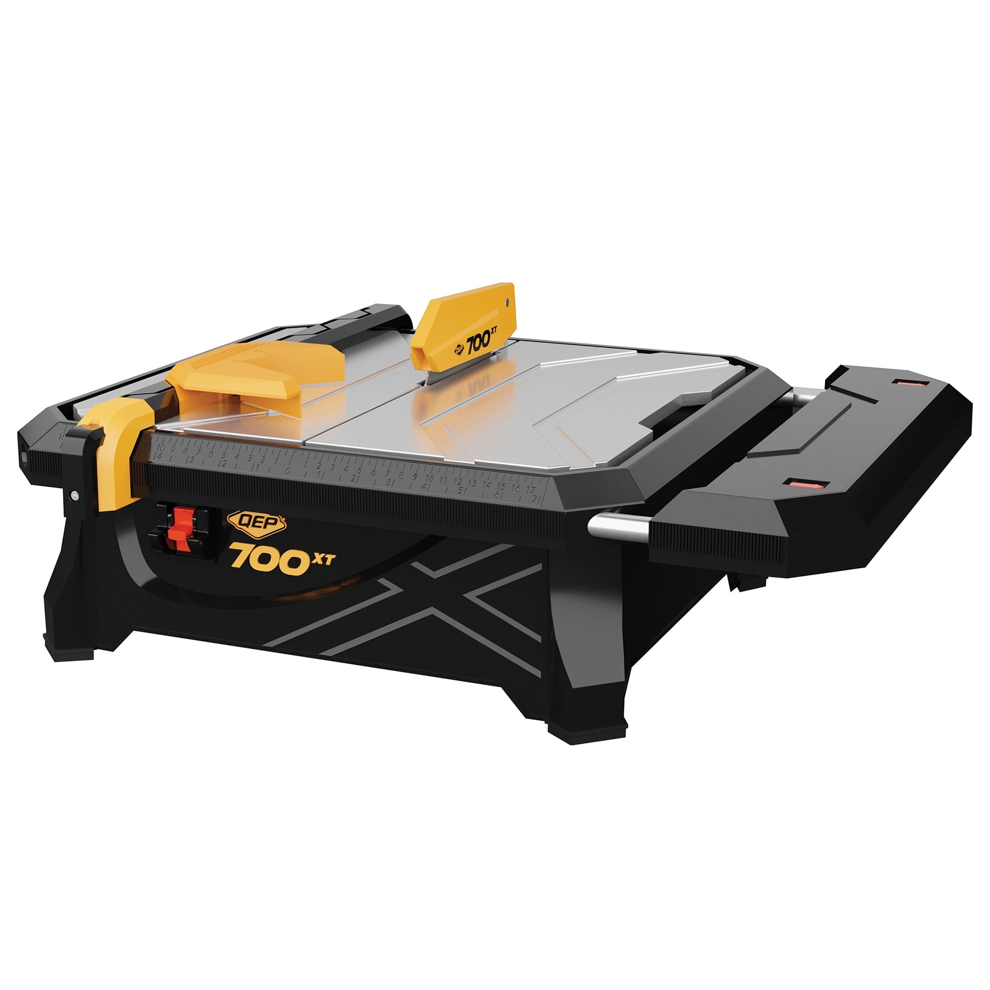 A tabletop wet tile saw with a stainless steel cutting table and yellow guide arm, shown on a white background.