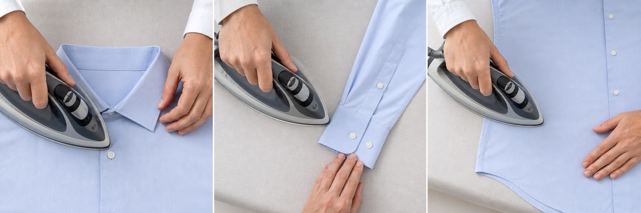 Three-panel instruction showing a shirt collar, cuff and front panel being pressed in order.