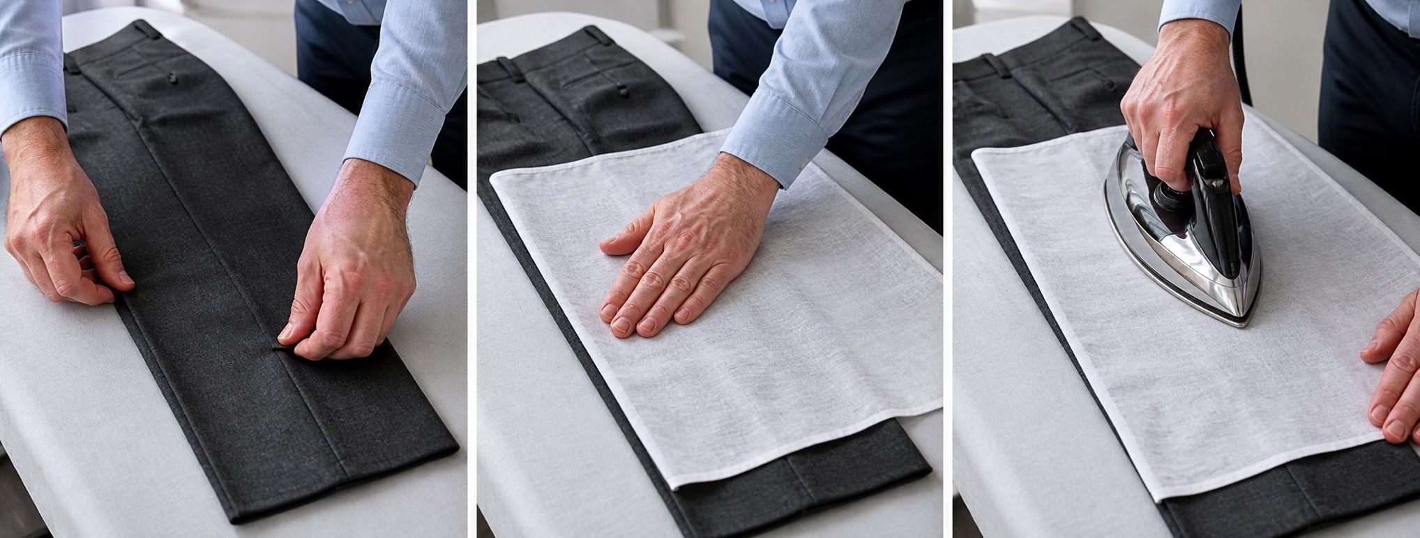 Three-panel instruction showing trouser seams aligned, a pressing cloth placed over the fabric and an iron pressing through it.
