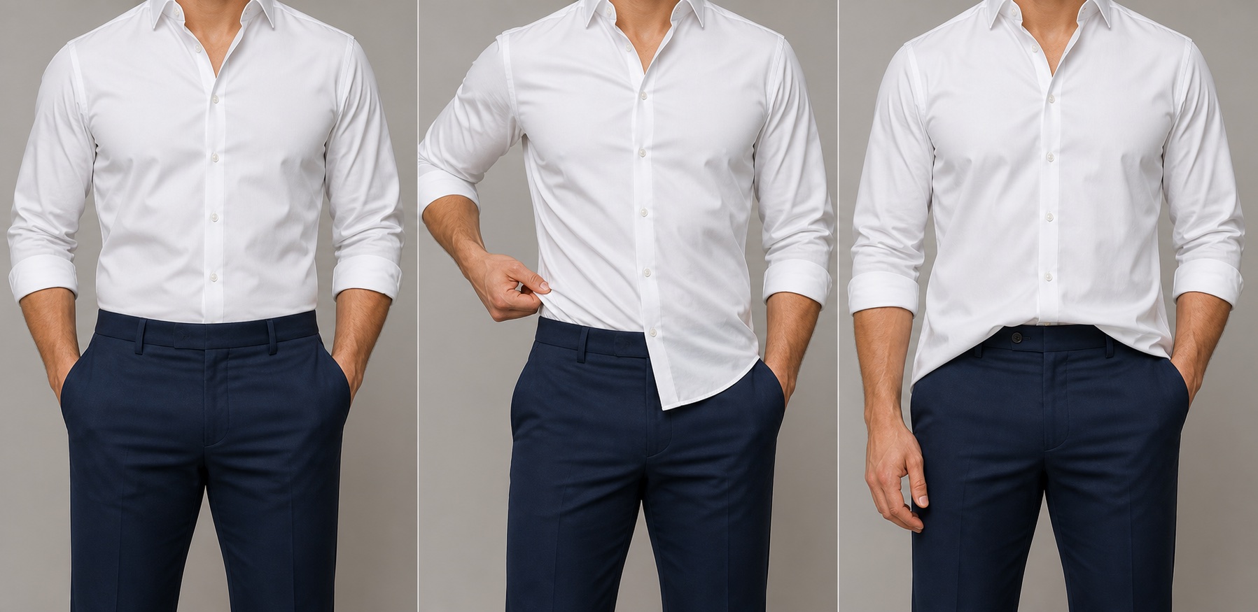 Three-panel comparison of a full tuck, military tuck and relaxed front tuck with a white shirt and navy trousers.