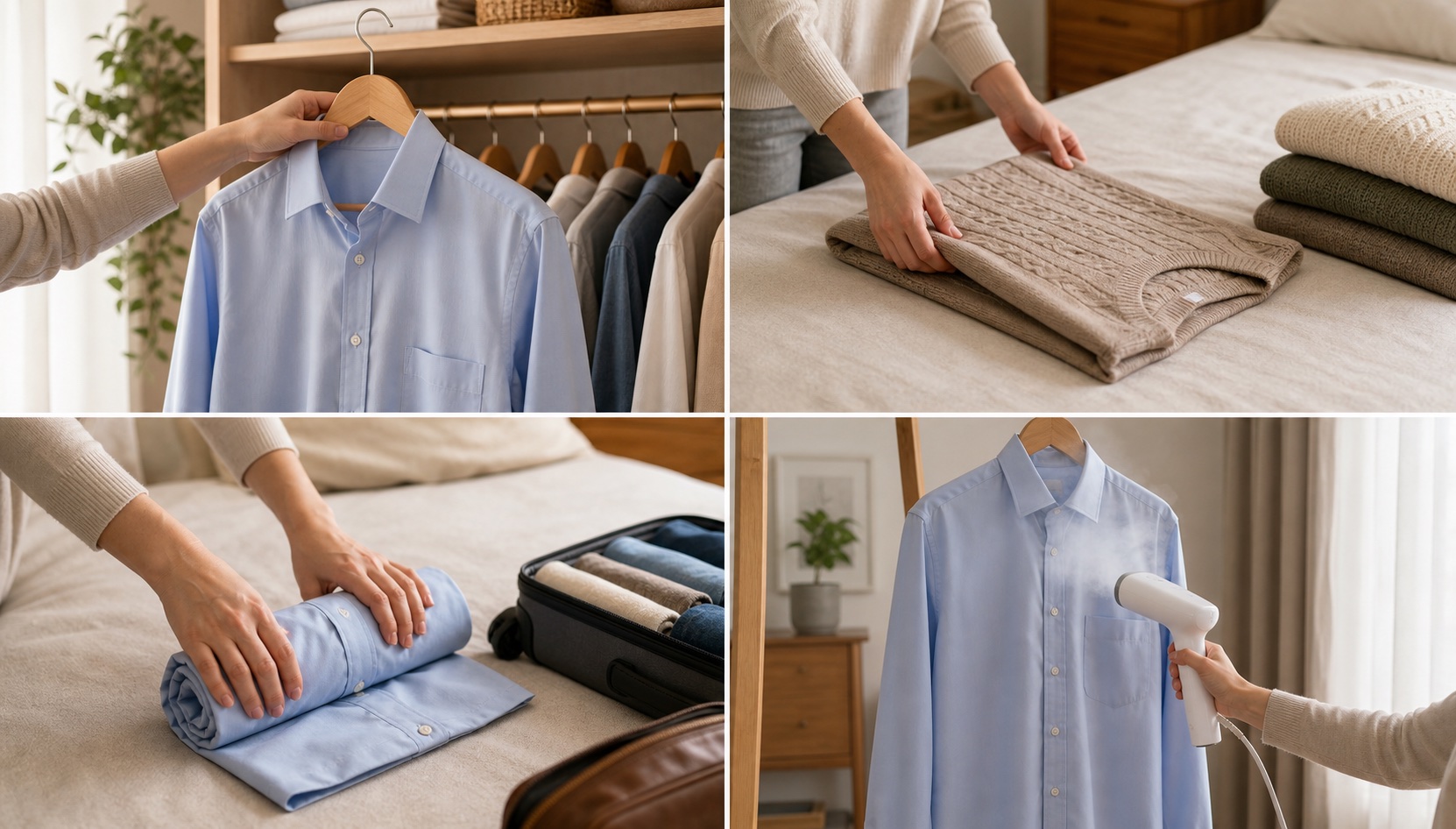 Four clothing-care scenes: hanging a shirt, folding a sweater, rolling a travel shirt and steaming a hanging shirt.