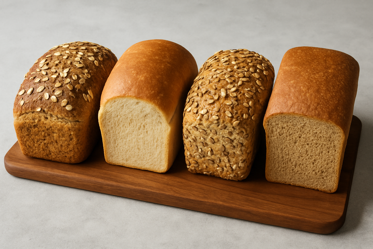 assorted sandwich bread loaves on cutting board