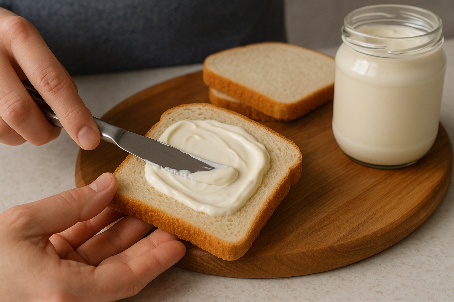 spreading mayonnaise on bread slice