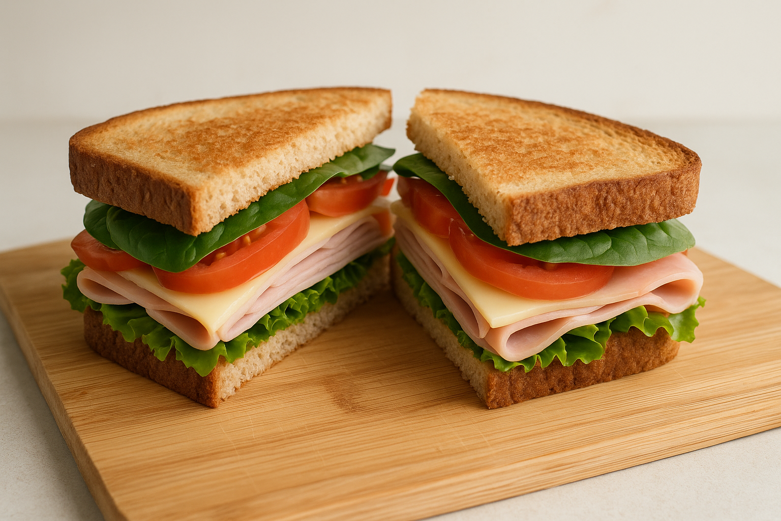 sandwich cut diagonally on cutting board