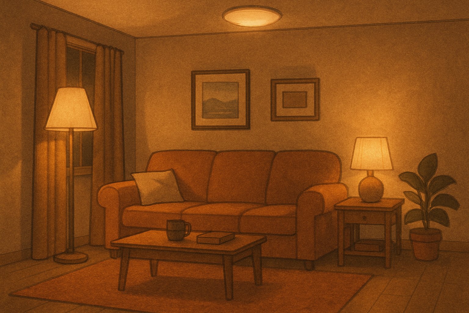 AI-generated illustration of a warmly lit living room with layered lighting
