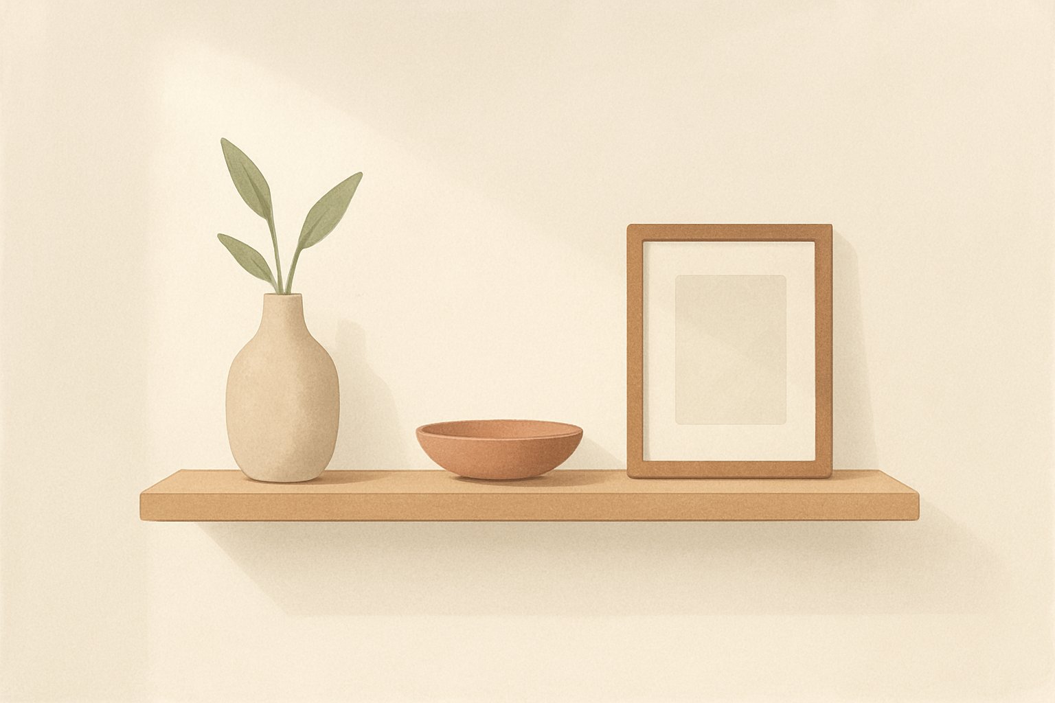 AI-generated illustration of a minimalist shelf with a few decorative objects