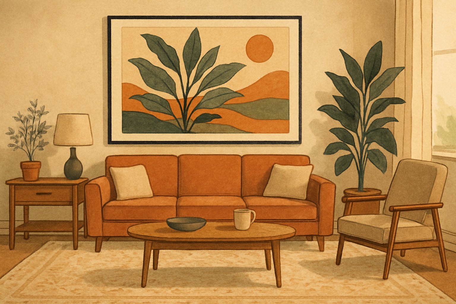 AI-generated illustration of a living room with correctly scaled wall art and a large rug
