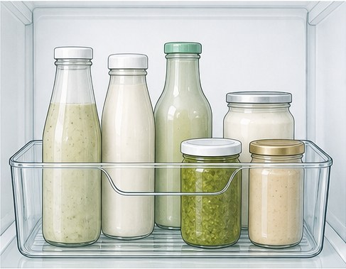 Drawing of a clear stacking bin holding upright bottles and jars.