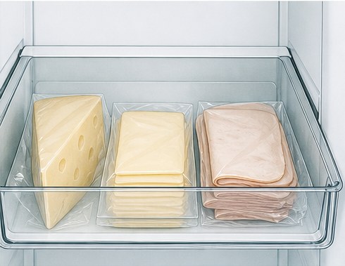 Drawing of a shallow pull-out drawer holding cheese and deli packets.