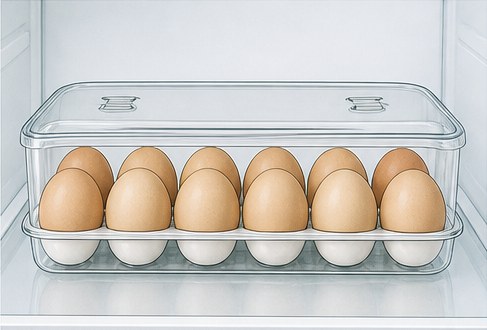 Drawing of a covered egg tray holding a row of eggs.