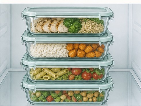 Drawing of a stack of identical glass meal-prep containers.