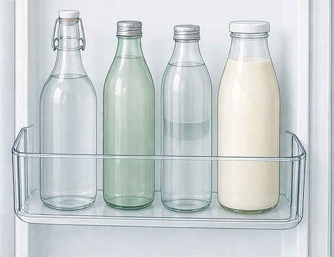 Drawing of a fridge door shelf holding tall bottles.