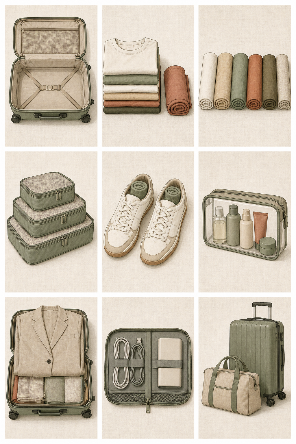 All nine packing steps shown together on one board.