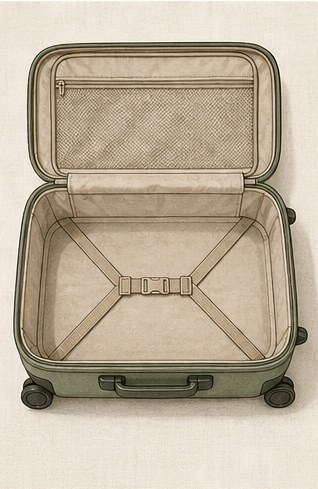 Drawing of an open, empty carry-on suitcase.