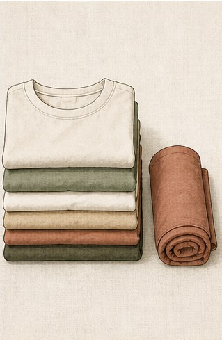 Drawing of a folded stack of shirts beside a single rolled shirt.