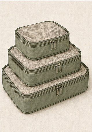 Drawing of three stacked packing cubes.