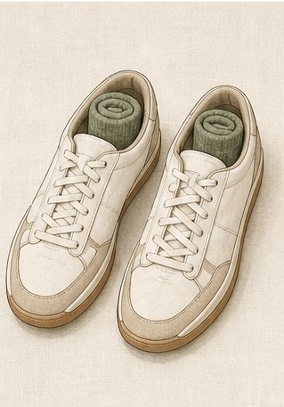 Drawing of a pair of shoes with rolled socks tucked inside.