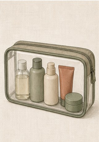Drawing of a clear toiletry pouch with unlabelled bottles.