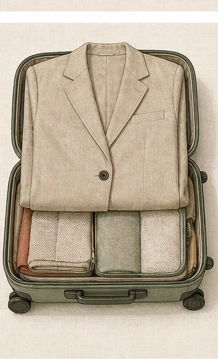 Drawing of a folded blazer laid over a packed case.