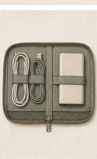 Drawing of a flat pouch holding cables and a power bank.