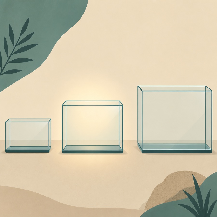 Illustration of three empty glass tanks of increasing size, the middle one highlighted.