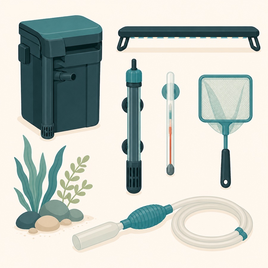 Illustration of aquarium equipment laid out: filter, heater, light bar, thermometer, net and siphon.
