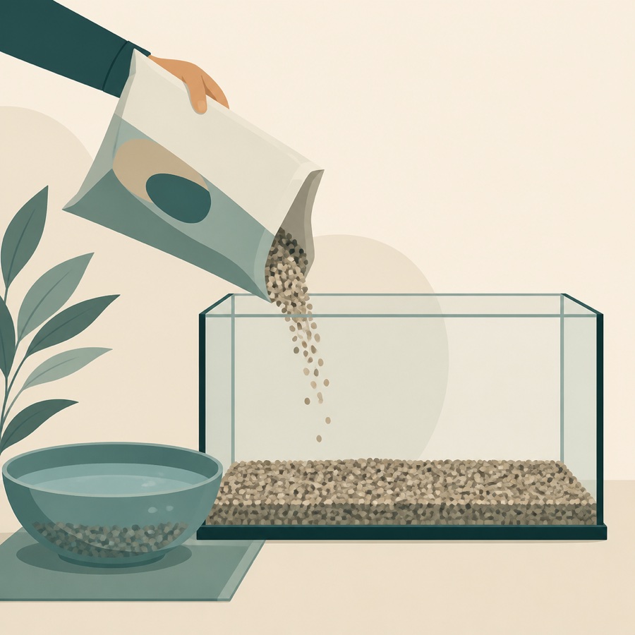 Illustration of gravel being rinsed in a bowl and poured as an even layer into an empty tank.