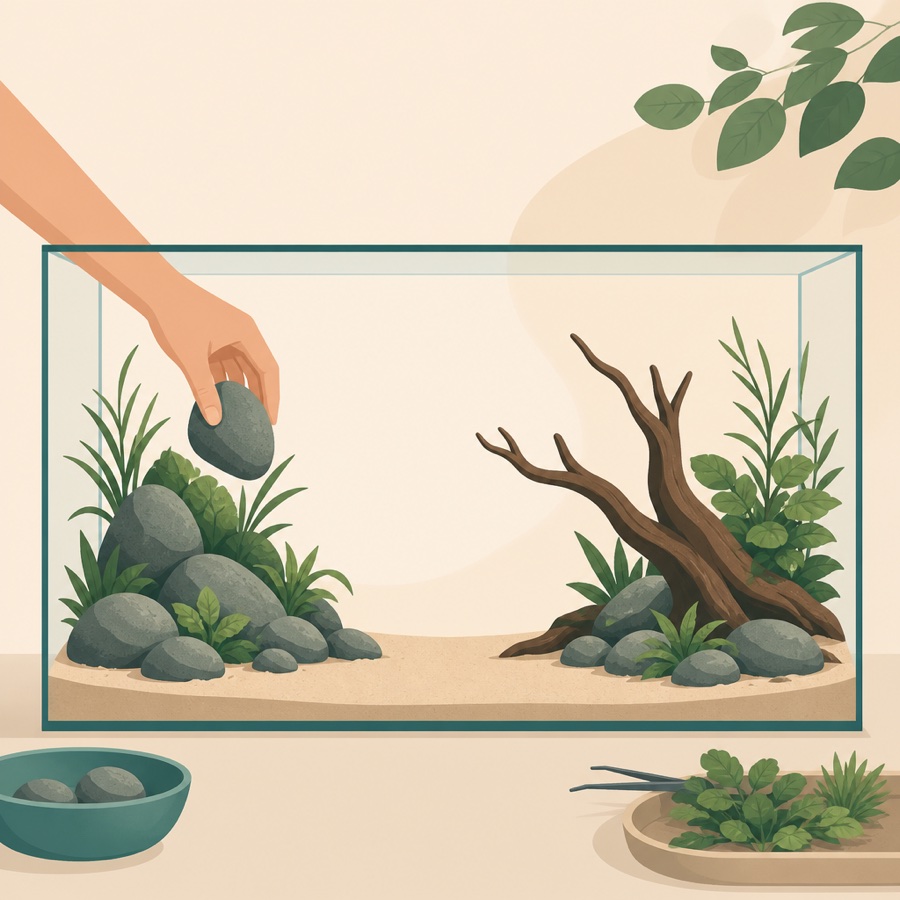 Illustration of an empty tank arranged with rocks, driftwood and plants, with open space in the middle.